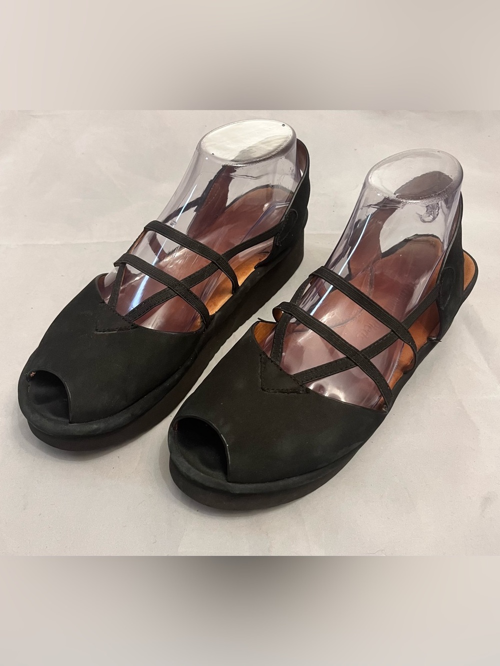 L'Amour Des Pieds Adelais Black Peep-Toe Wedge Sandals with Double Straps